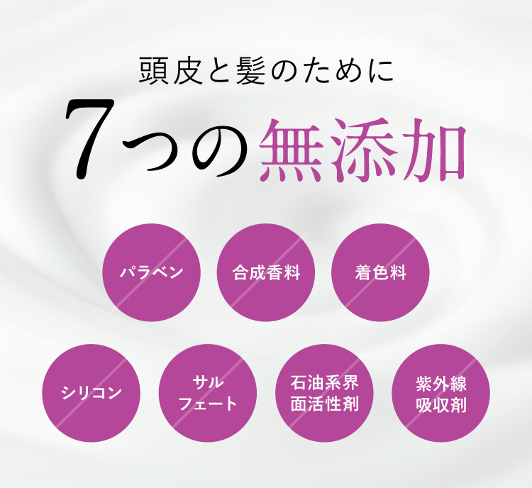 頭皮と髪のために7つの無添加 パラベン 合成香料 着色料 シリコン サルフェート 石油系界面活性剤 紫外線吸収剤
