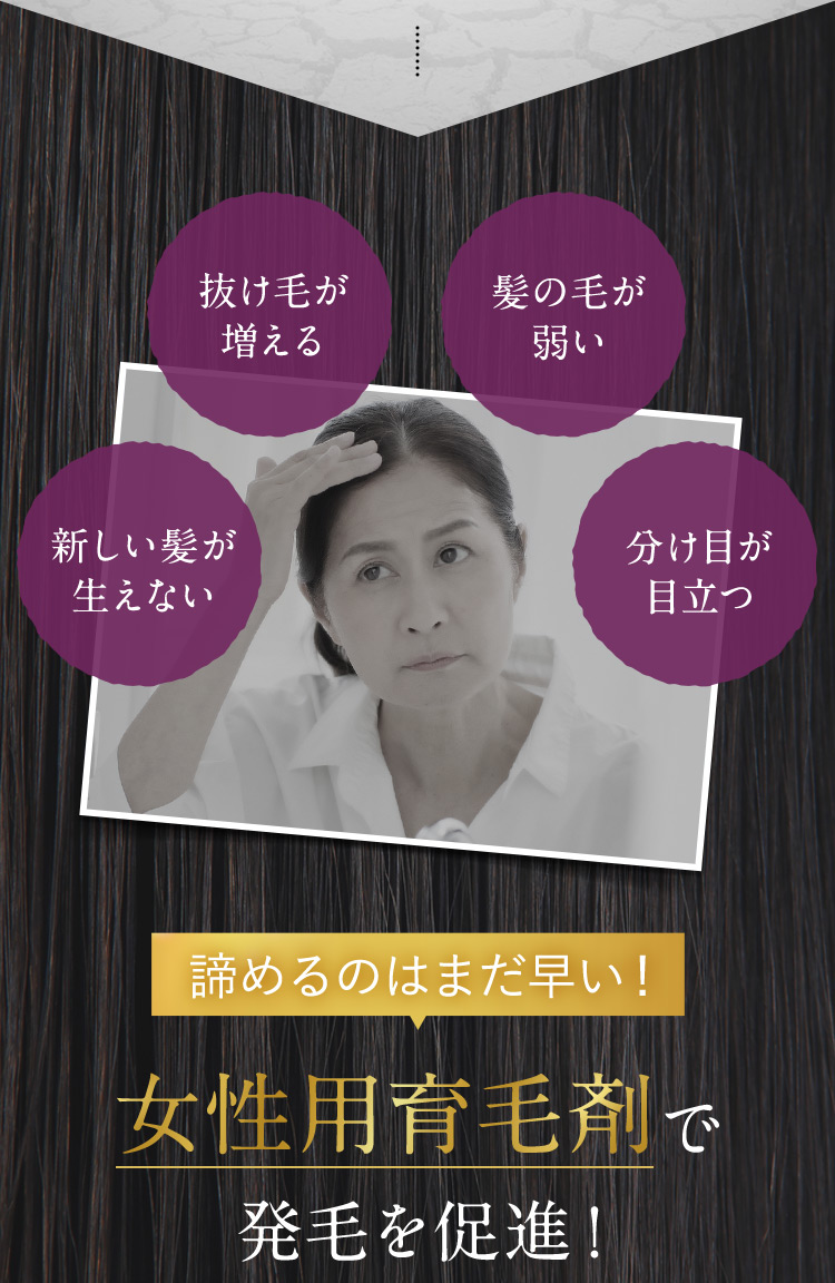 新しい髪が生えない 抜け毛が増える 髪の毛が弱い 分け目が目立つ 諦めるのはまだ早い！ 女性用育毛剤で発毛を促進！