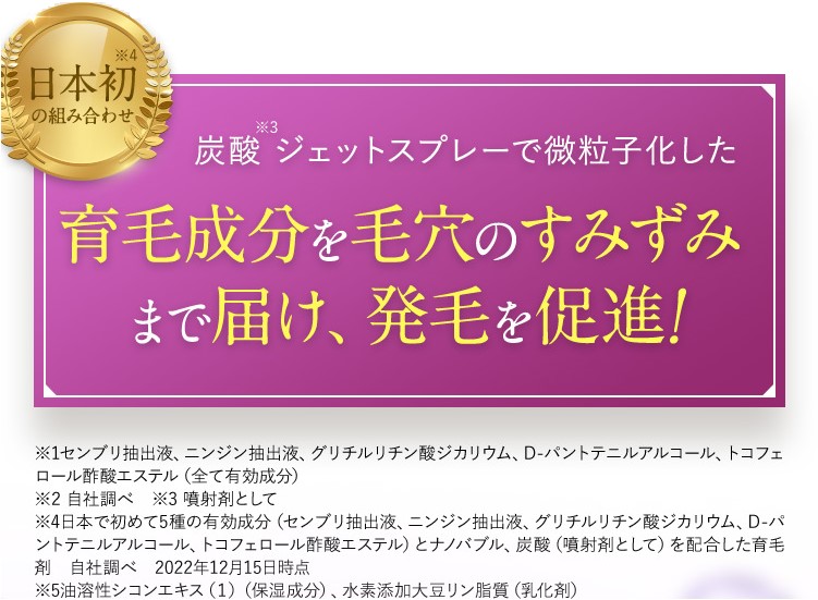 パーフェクトワン ヘアネスト スカルプナノエッセンス 日本初※4 の組み合わせ 炭酸※3 ジェットスプレーで微粒子化した育毛成分を毛穴のすみずみまで届け、発毛を促進！ ※1 5種類の成分名と配合目的 ※2 自社調べ ※3 噴射剤として ※4 組み合わせ ※5 油溶性シコンエキス（1）（湿潤剤）
