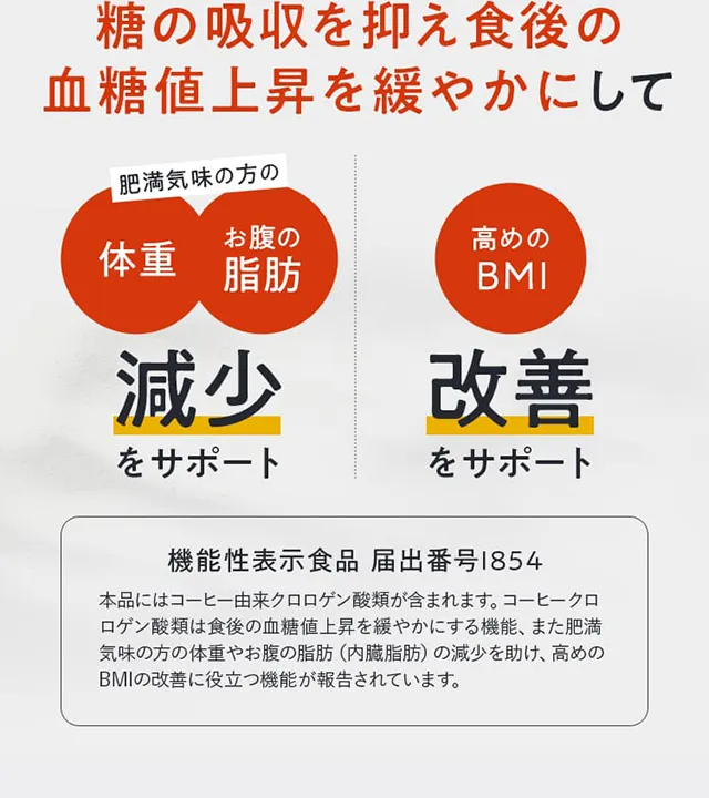 糖の吸収を抑え 血糖値上昇を緩やかにして体重減少お腹の脂肪をサポート 高めのBMI改善をサポート 