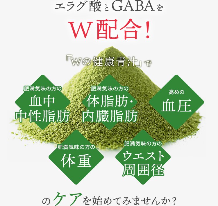 エラグ酸とGABAをW配合！ 「Ｗの健康青汁」で肥満気味の方の血中中性脂肪 肥満気味の方の体脂肪・内臓脂肪 高めの血圧 肥満気味の方の体重 肥満気味の方のウエスト周囲径