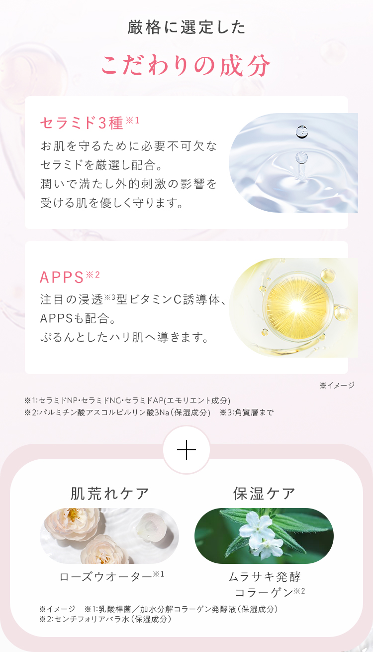 厳格に選定した こだわりの成分｜セラミド3種・APPS＋肌荒れケア・保湿ケア